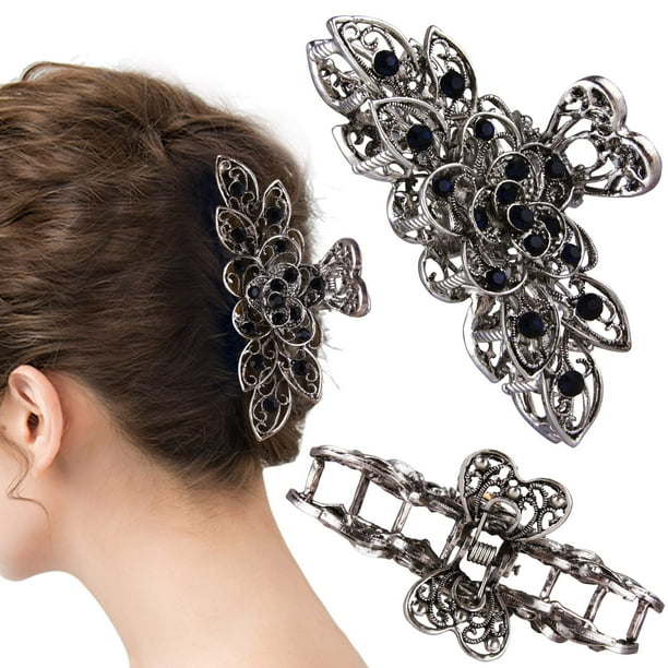 CROWN GUIDE Fancy Hair Claw Jaw Clips Pins For Womens, Vintage Rhinestone Crystal Flowers Hair Barrette for Thick Hair Accessories Navy Blue - CROWN GUIDE Fancy Hair Claw Jaw Clips Pins For Womens, Vintage Rhinestone Crystal Flowers Hair Barrette for Thick Hair Accessories Navy Blue -