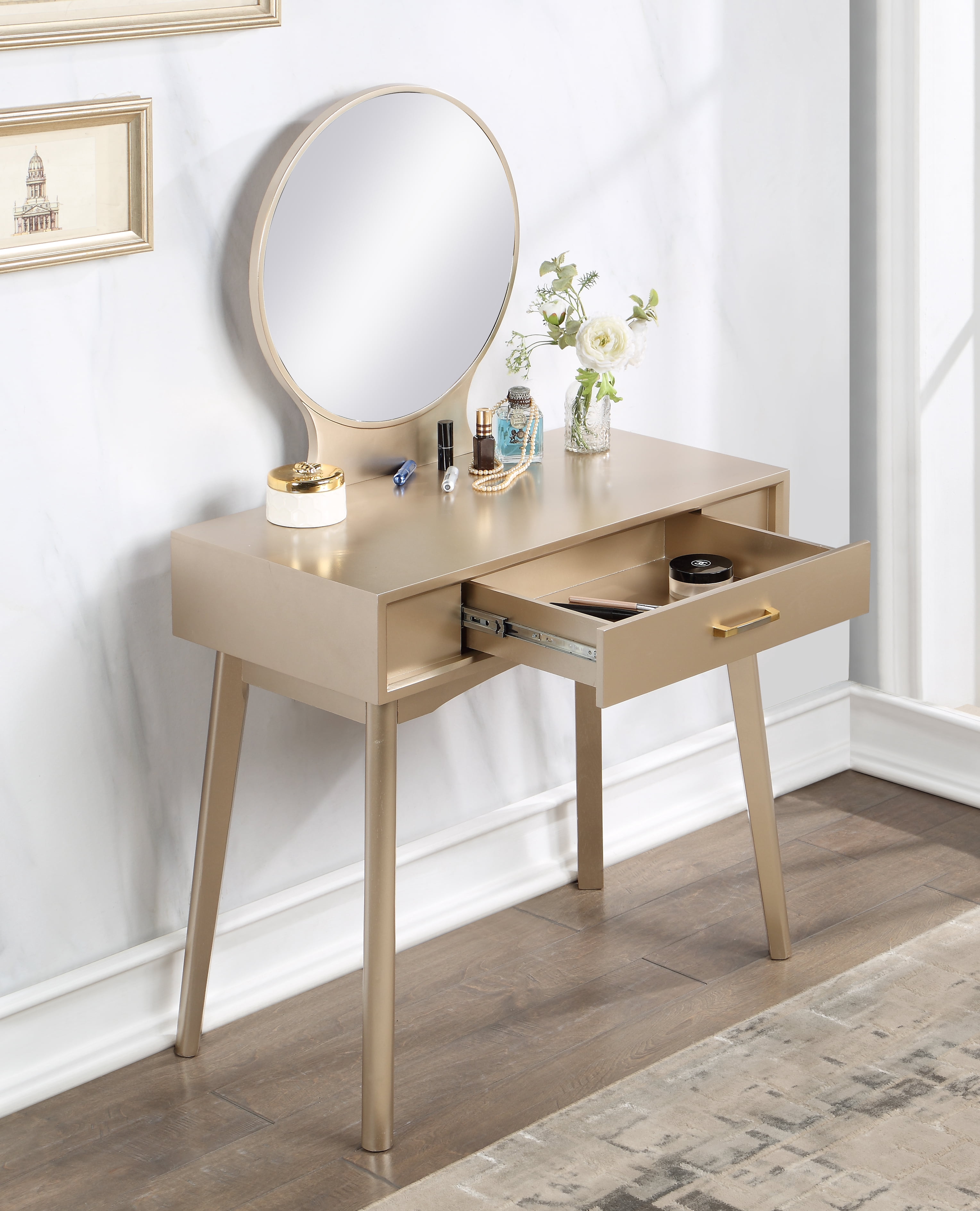 Mintazer Modern Vanity Table Set, Round Mirror Makeup Dressing Table with Drawers & Upholstered Stool for Bedroom, Gold