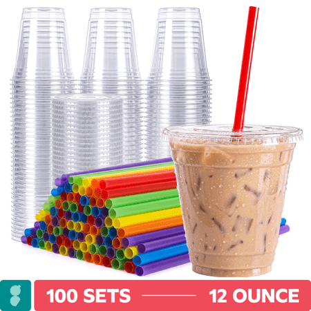GUSTO Clear Plastic Cups with Lids and Straws, 12 Oz, 100-Pack