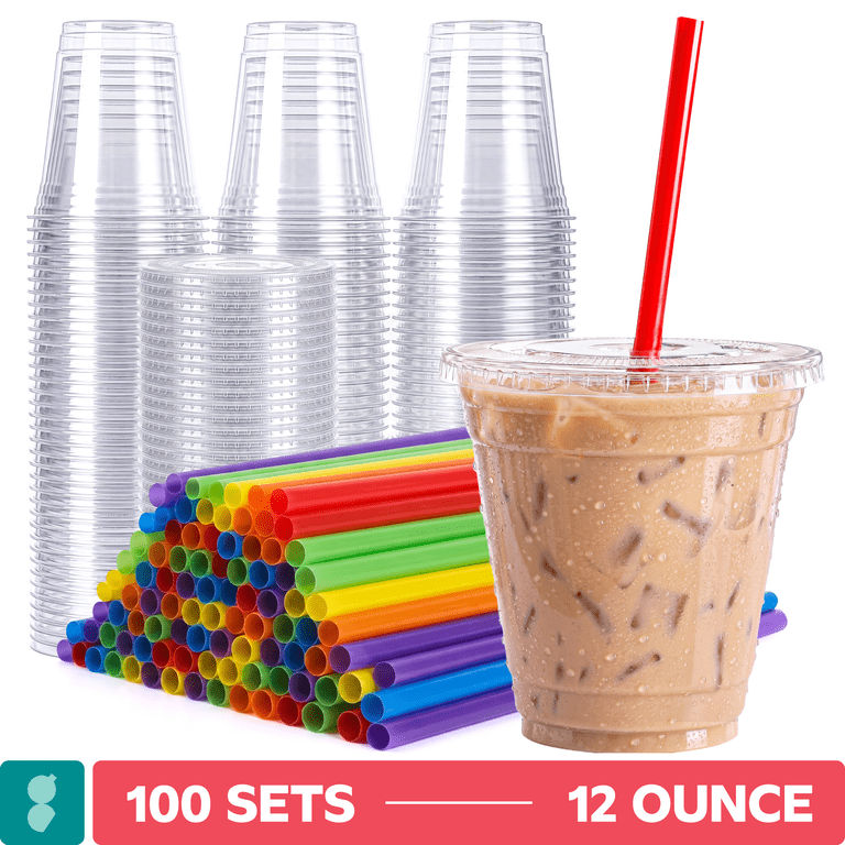 GUSTO Clear Plastic Cups with Lids and Straws, 12 Oz, 100-Pack photo 1