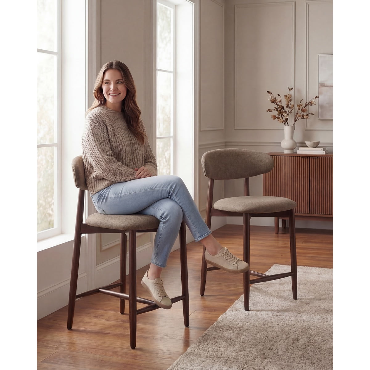 EOP Modern Bar Stools Set of 2, Upholstered 25.59″ Counter Height Bar Stools, Kitchen Island Barstools with Wood Legs for Kitchen Island Dining Room Bar, Camel