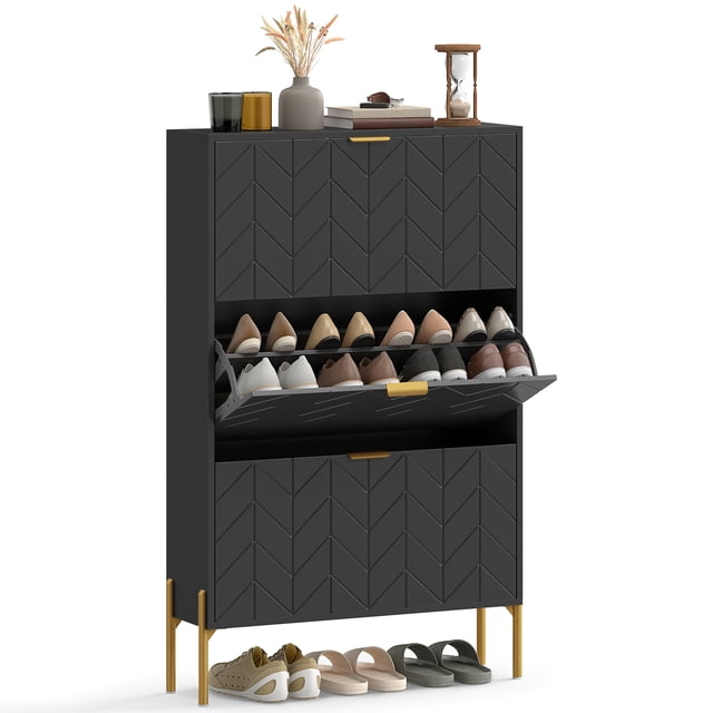 HOMCOM Armoire à Chaussures avec 3 Tiroirs Basculants, Armoire de Rangement à Chaussures Mince, Noir