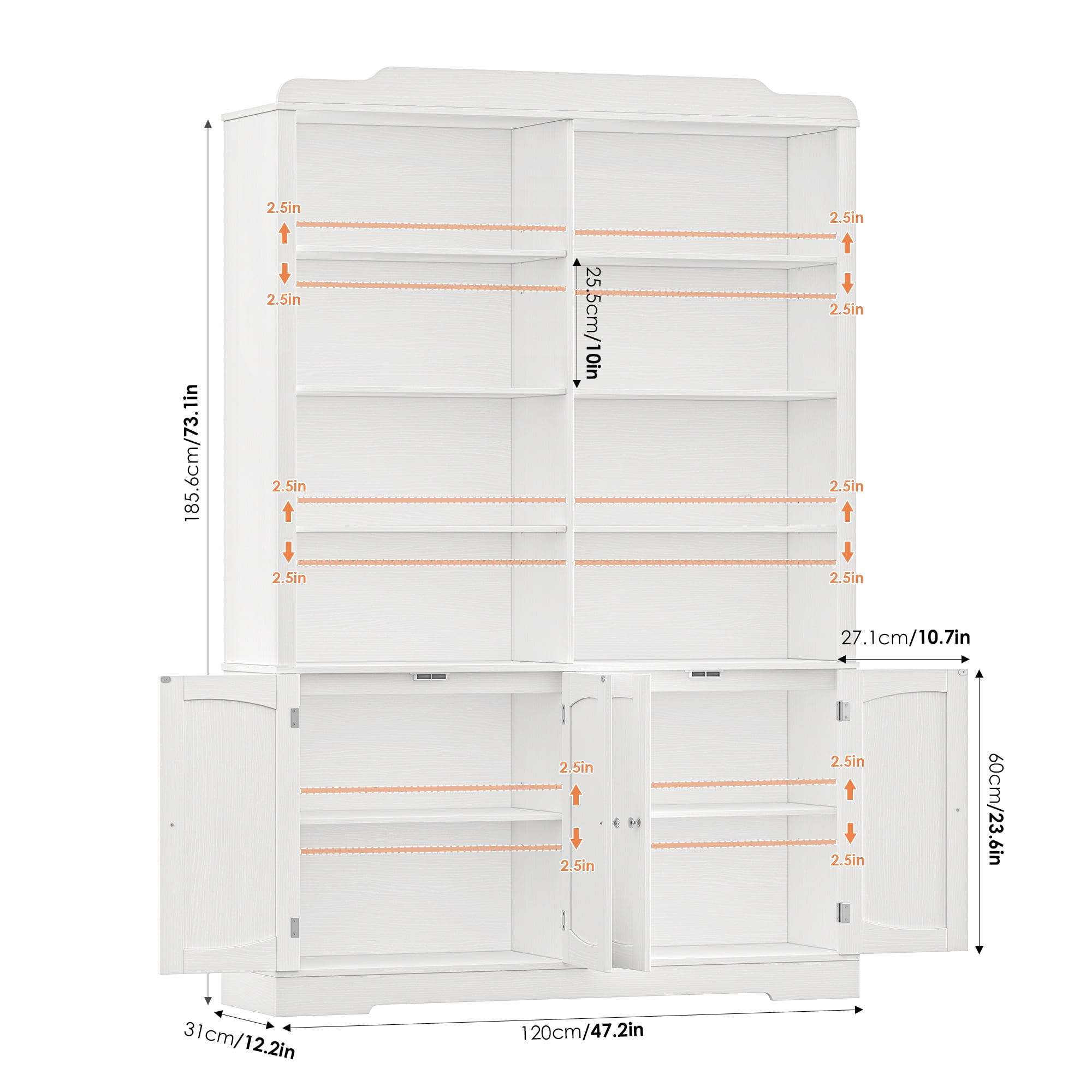Homfa 73'' Tall Bookcase with 4 Doors, 6-Tier 8 Cubes Display Bookshelf, Double Row Bookcase with Adjustable Shelves for Living Room Home Office, White