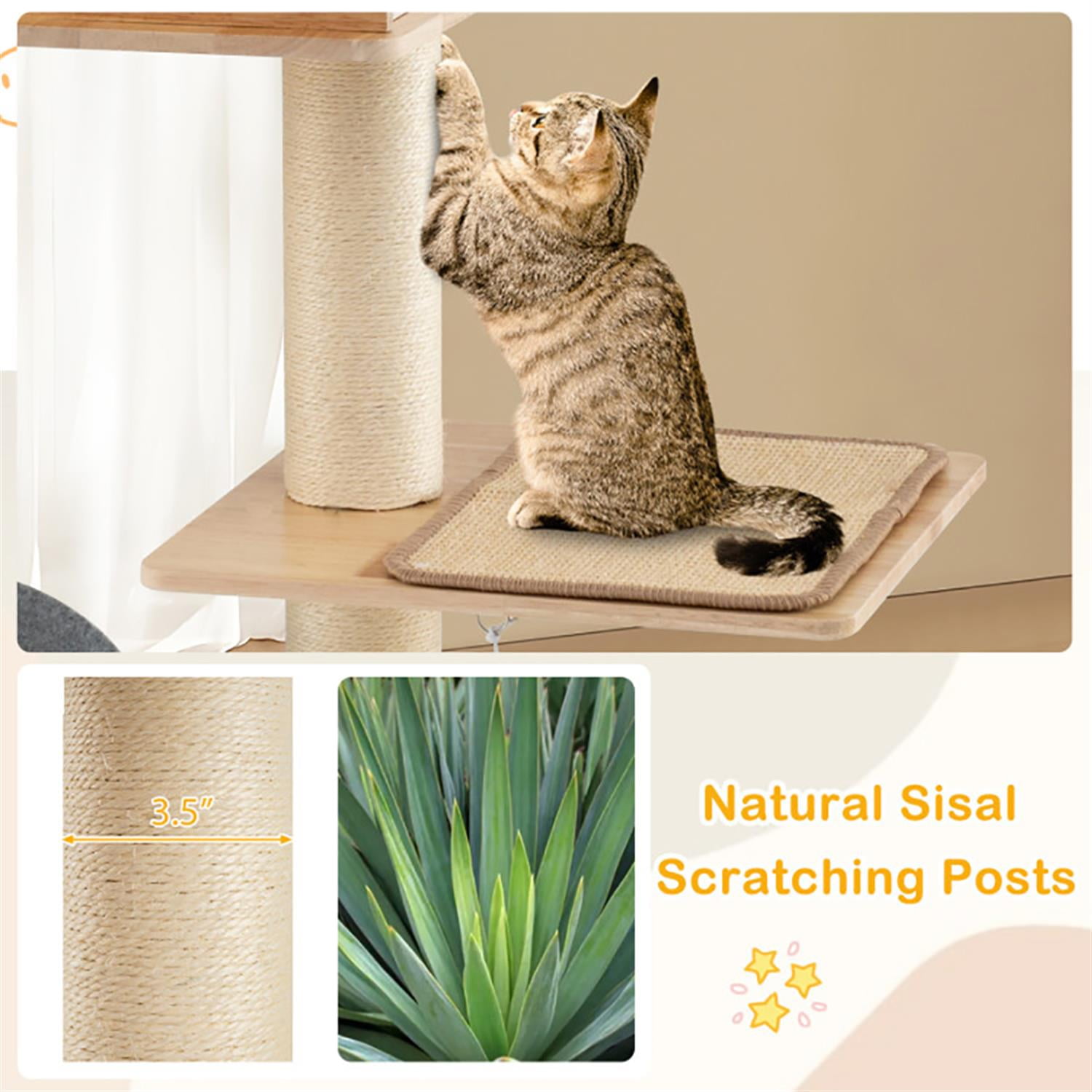 Kadyn 56" Modern Cat Tree with Toy, Cat Tower Condo for Indoor Cats with 2 Condos, Sisal Scratching Posts and Carpets, Beige