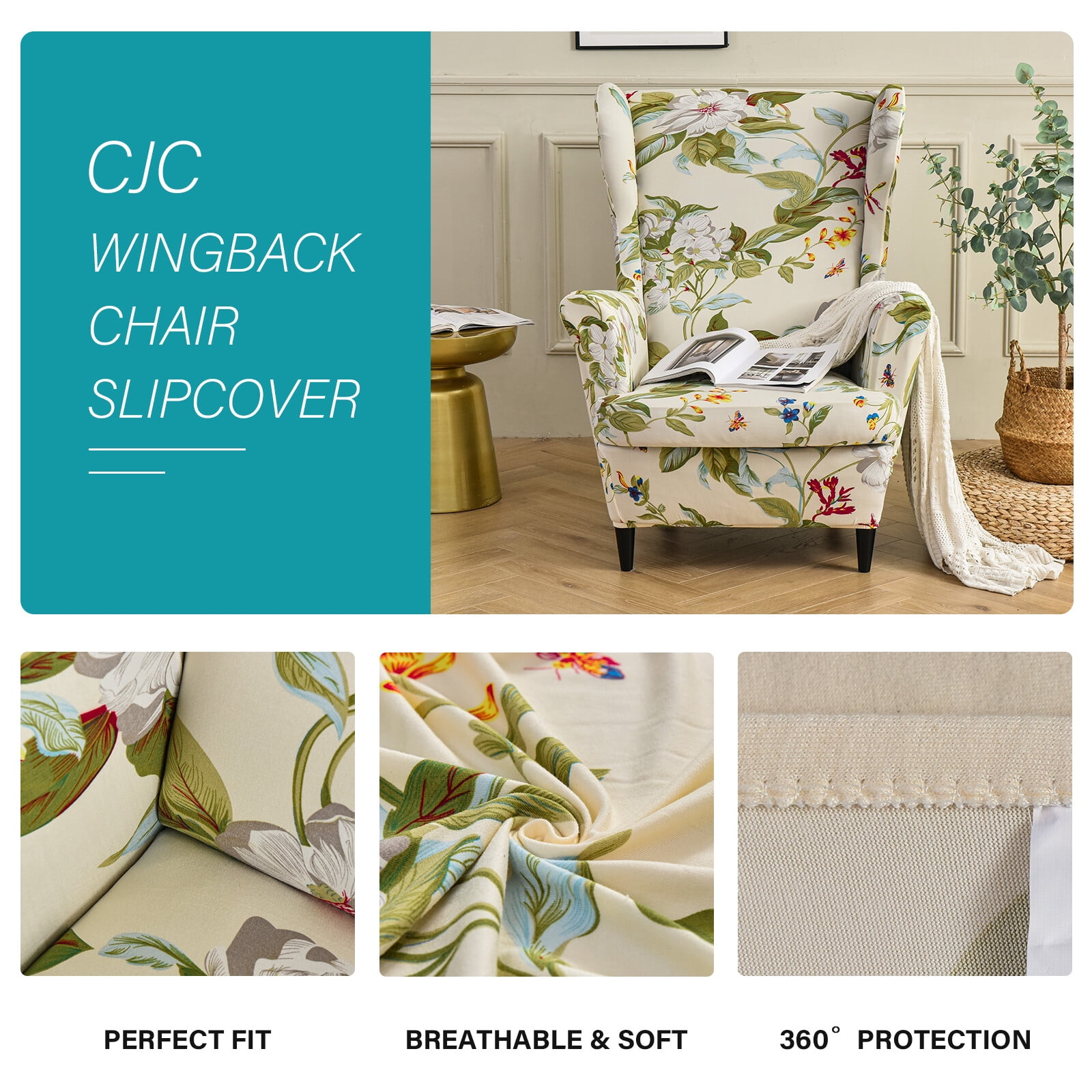 TOPCHANCES 2-Piece Wingback Chair Cover, Stretch Armchair Slipcover Wing Chair Sofa Covers, Beige Floral