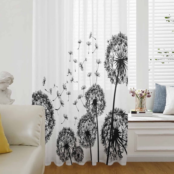 Dandelion Sheer Curtains 63 Inches Long for Living Room/Bedroom, Black White Modern Country Rustic Plants Rod Pocket Voile Kitchen Curtains & Drapes Window Treatment 1 Panel, 52"W x 63"L