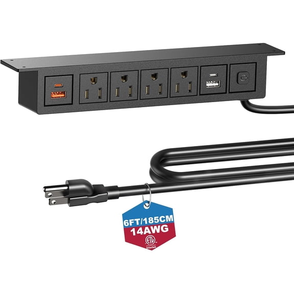 Under Desk Power Strip with Surge Protection, Mountable Power Strips with  Ports PD20W  , 8 in 1 Under Desktop Outlet 4 AC Outlets, 2 -C, 2 -A, 6FT Extension Cord Black