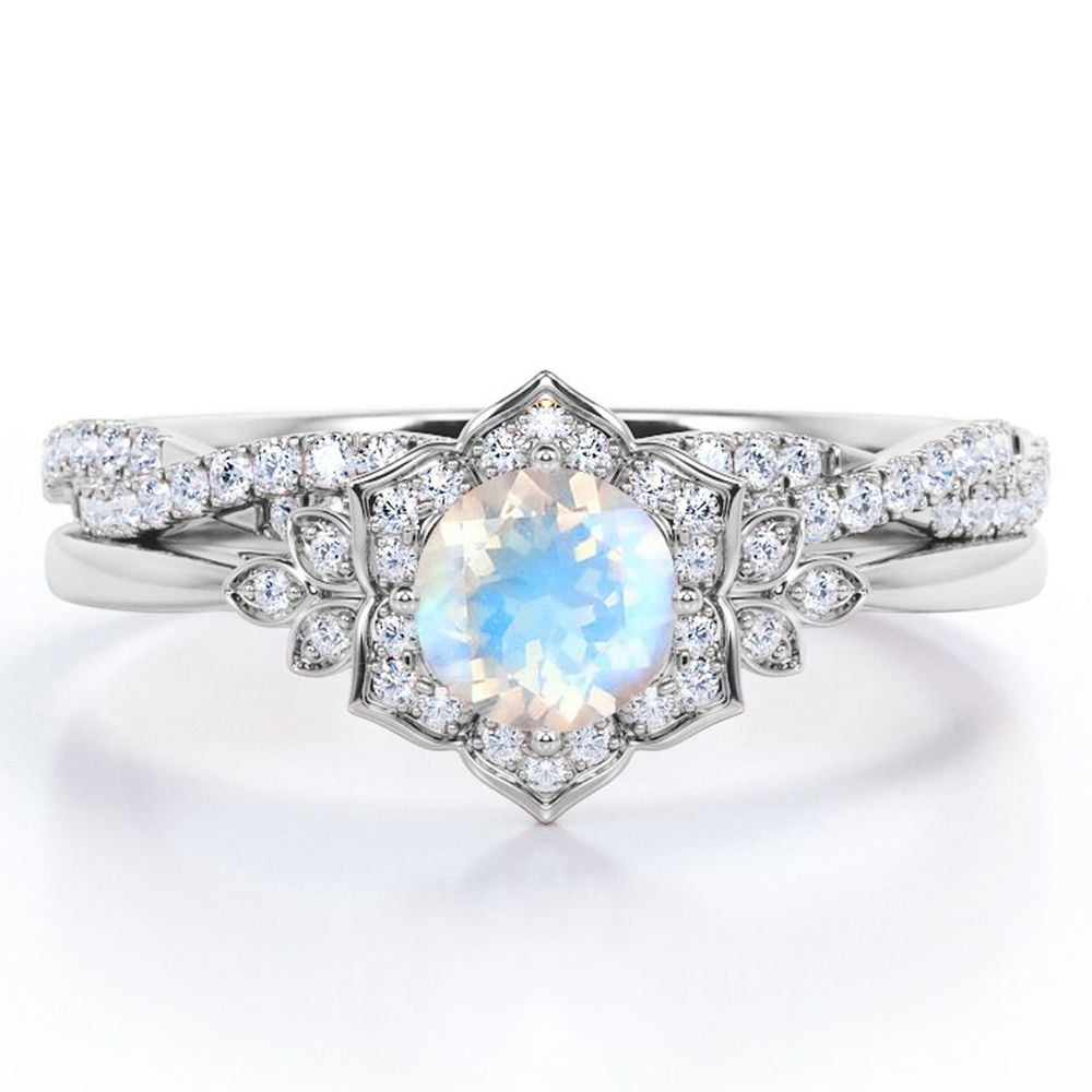 JeenMata Flower Halo Bezel 1.75 Carat Round Cut Blue Moonstone and Moissanite Infinity Twisted Band Wedding Ring Set in 18K White Gold Plating over Silver