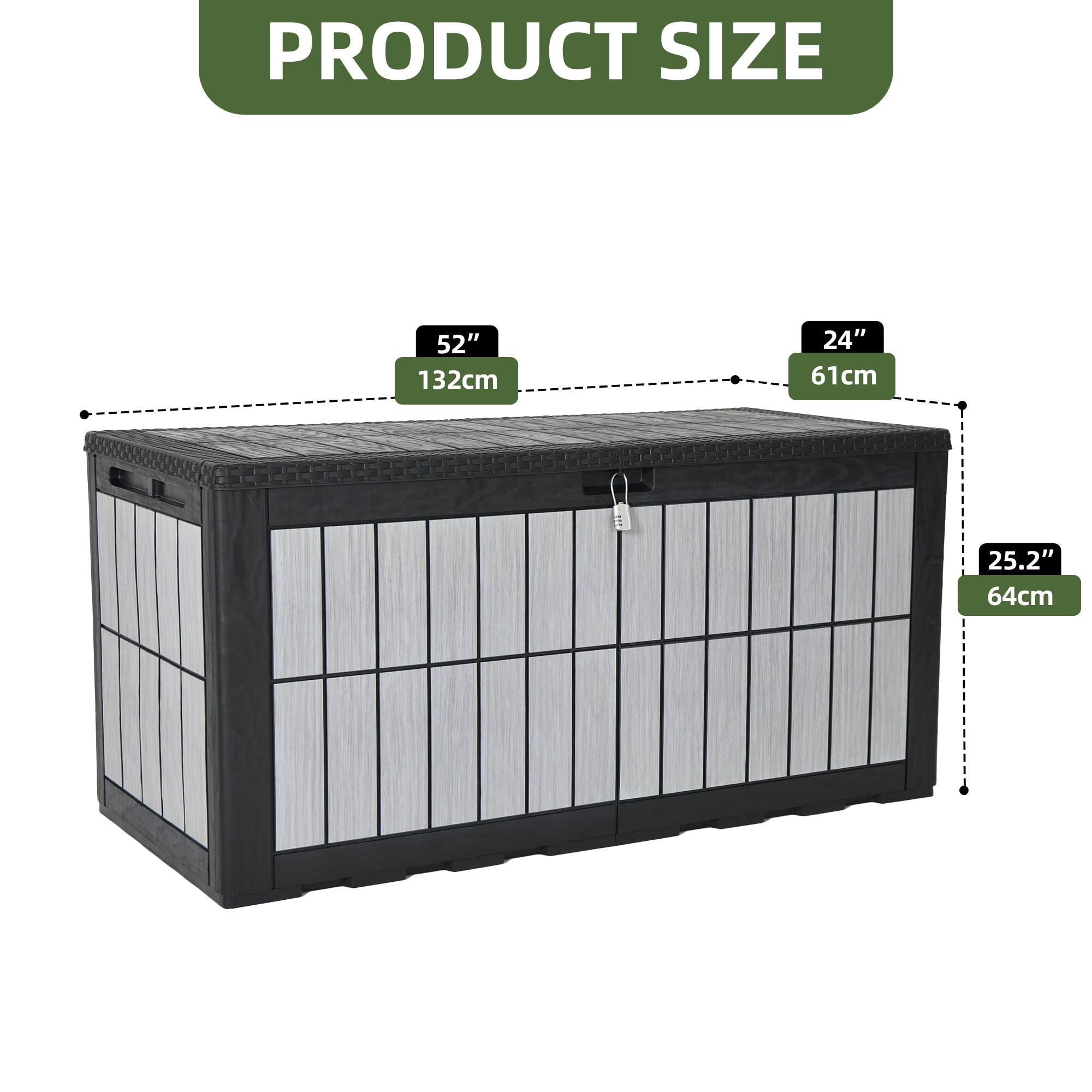 Uforic 134 Gallon Lockable Outdoor Deck Box, Waterproof Resin Storage Box with Hydraulic Support, Patio Storage Bench for Garden Pool Supplies, Black & Wood Grain Gray