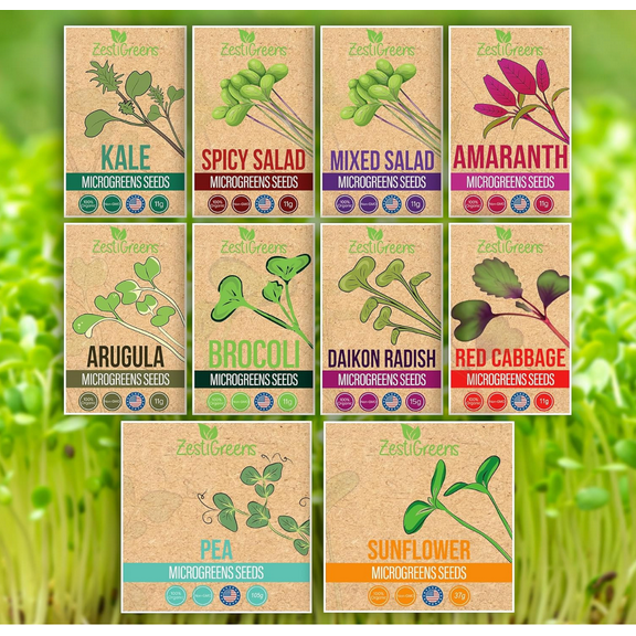 Zestigreens Organic Microgreens Seed Variety Pack - 10 Varieties Including Broccoli, Sunflower, Pea, and Radish (Grow Your Own)