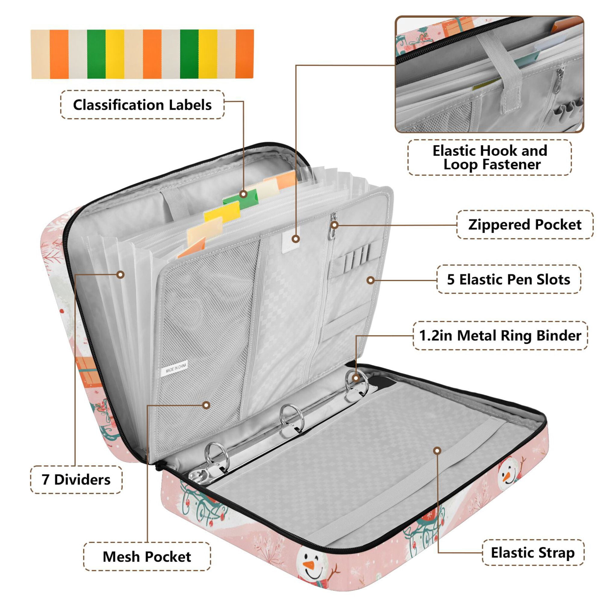 FORMRS Accordion File Folder A4 Size 7-Pocket Expanding Document Organizer Bag with 3 Ring Binder, Pink Christmas Snowman