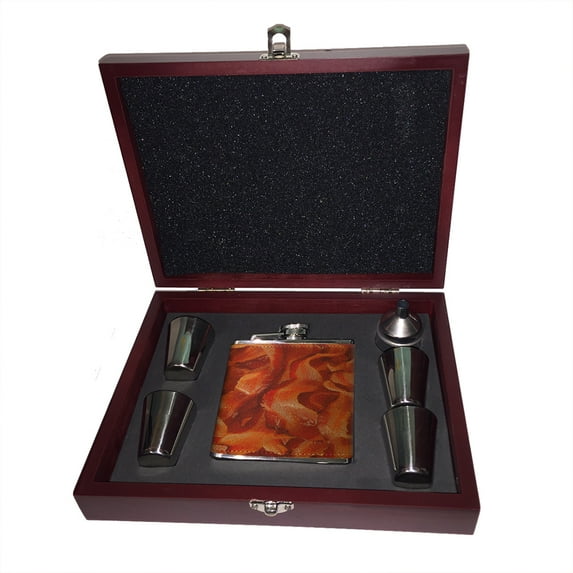 KuzmarK 6 oz. Leather Flask Set in Rose Wood Presentation Box - Bacon Strips