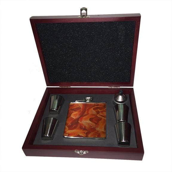 KuzmarK 6 oz. Leather Flask Set in Rose Wood Presentation Box - Bacon Strips