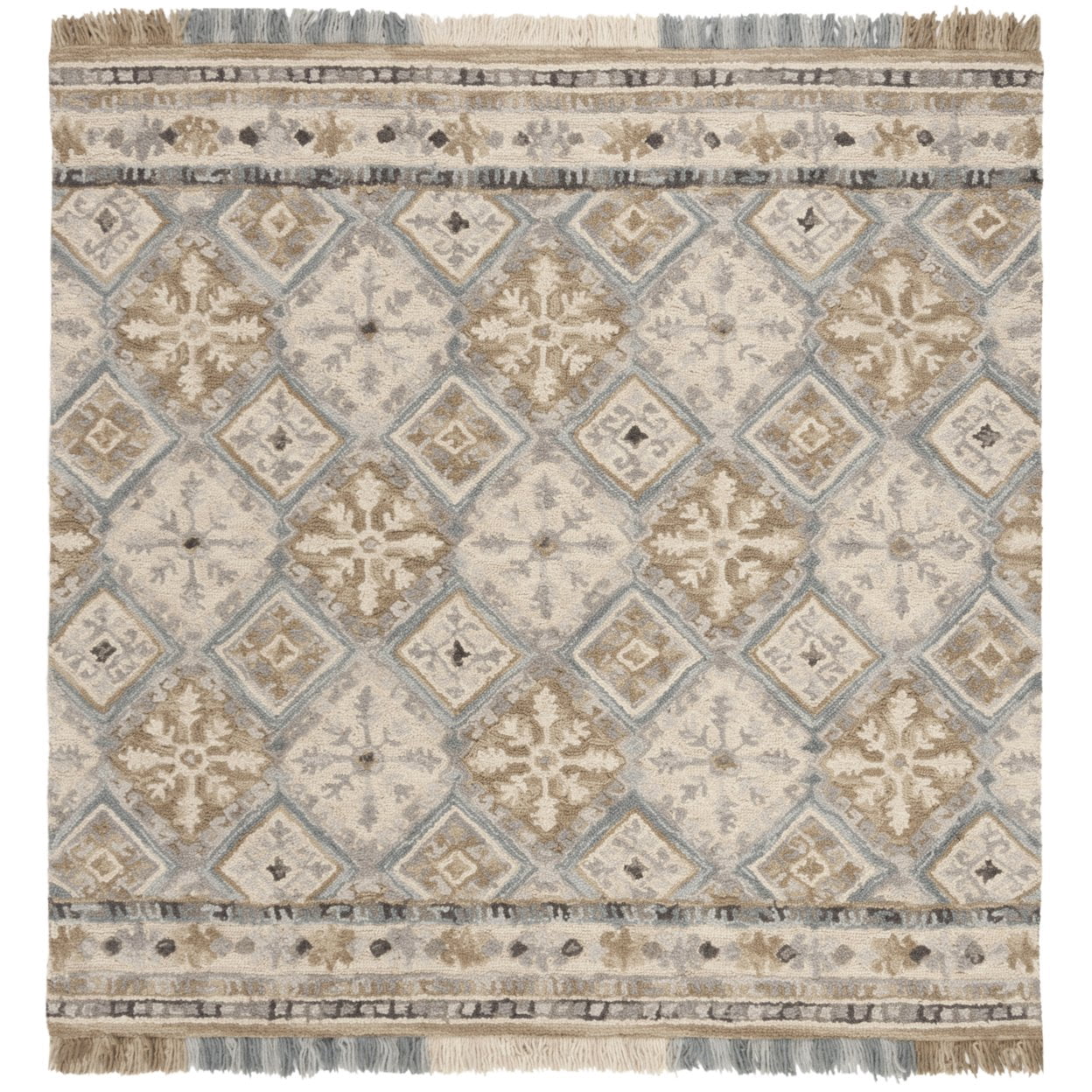 SAFAVIEH Blossom Keighley Geometric Fringe Wool Area Rug, Beige/Light Blue, 6' x 6' Round