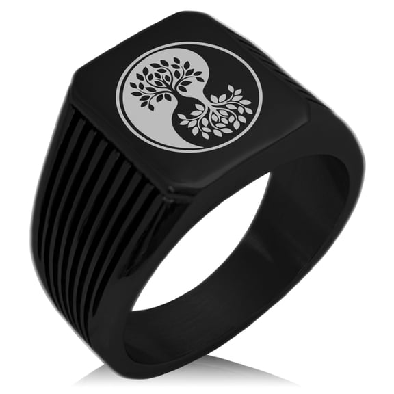 Stainless Steel Tree of Life Yin Yang Needle Stripe Pattern Biker Style Polished Ring