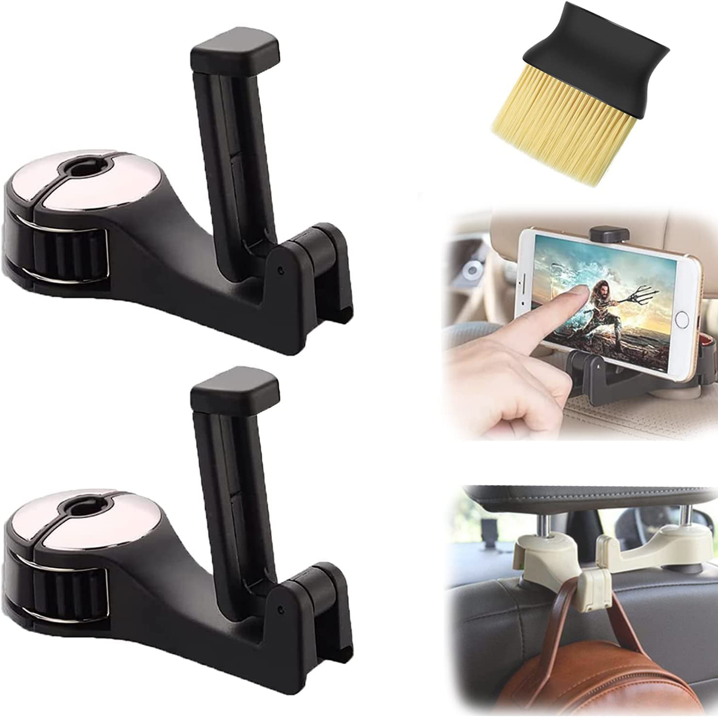 2 in 1 Car Headrest Hidden Hook, 2 in 1 Car Seat Hooks with Phone Holder,  Universal Car Headrest Hooks, 360° Rotation Headrest Hooks for Bag, Purse,  Toys, Groceries (2pcs-1) 