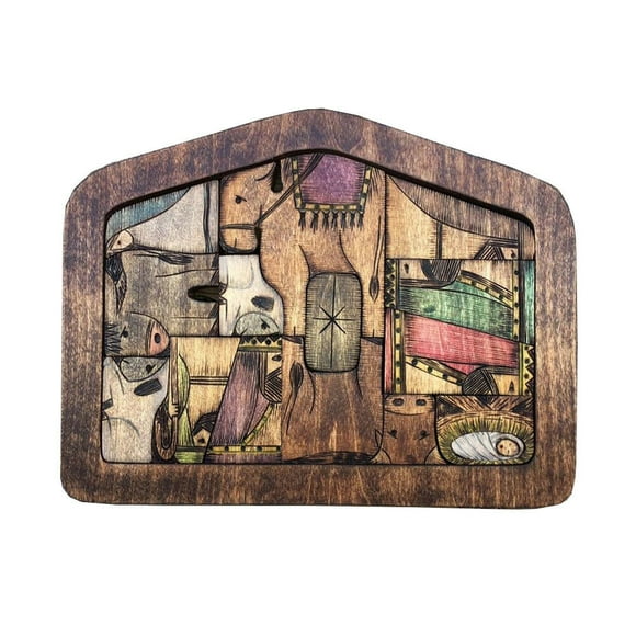 PVCS Nativity Puzzle With Wood Burned Design,Wooden Jesus Puzzle Game Nativity Set for Home Decor