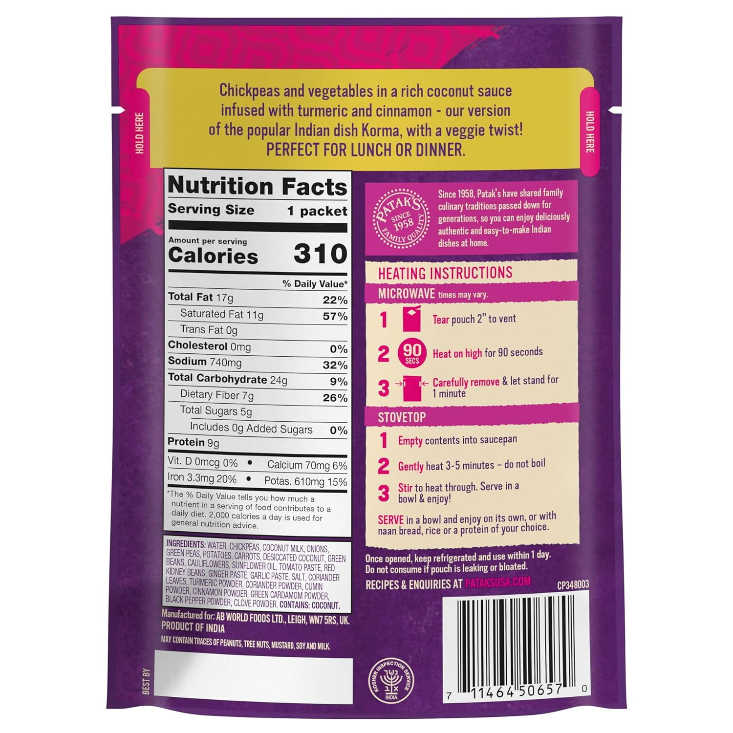 Pack of 6, Pataks Chickpea & Veggie Korma, 10.05 oz