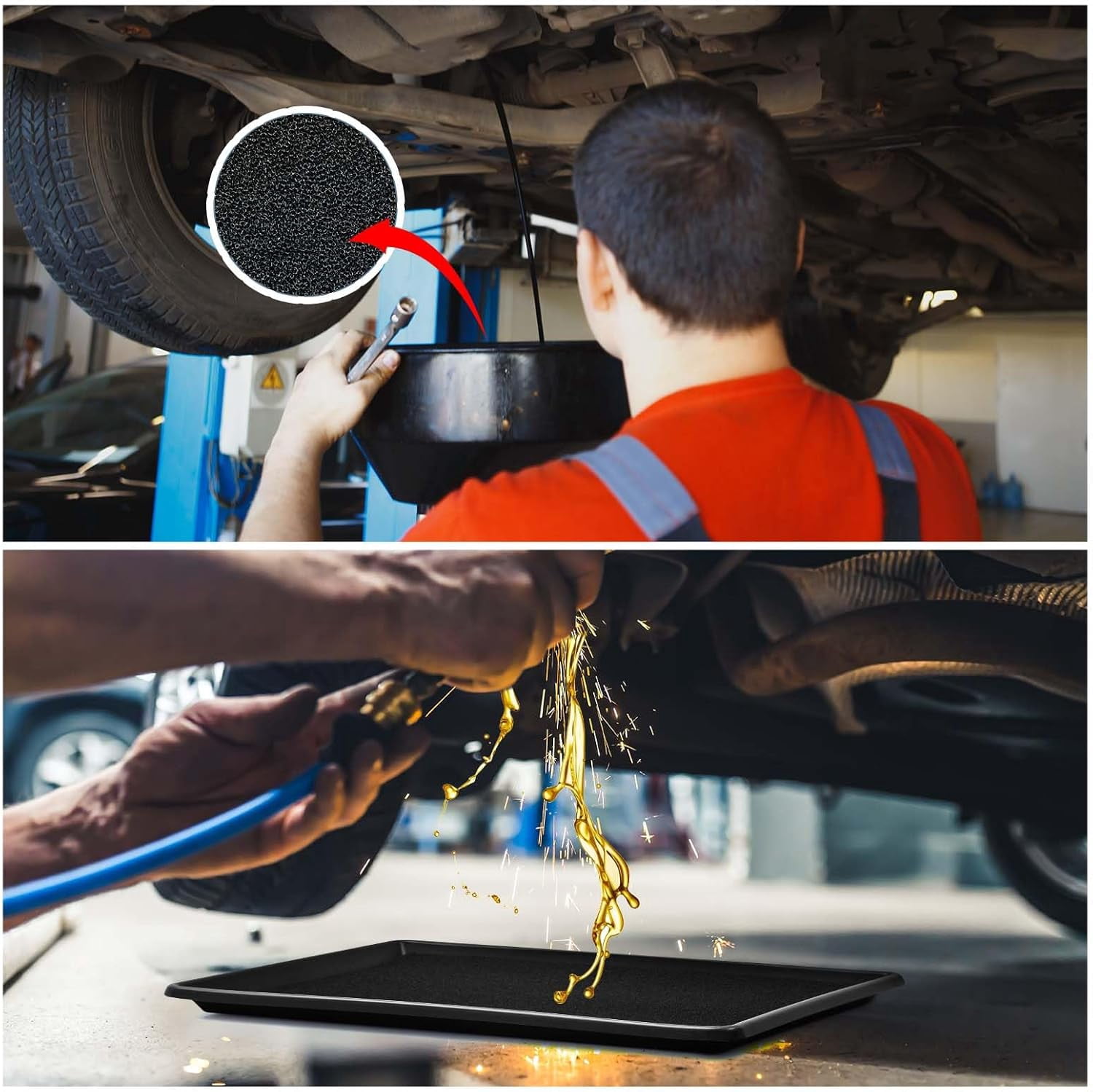 2 Sets 27'' x 20''x 1.4'' Oil Drain Drip Pan for Car with Square No Splatter Pad Oil Drip Tray with Mat for Under Car Transmission Garage Automotive Driveway to Keep Floor Clean, Black
