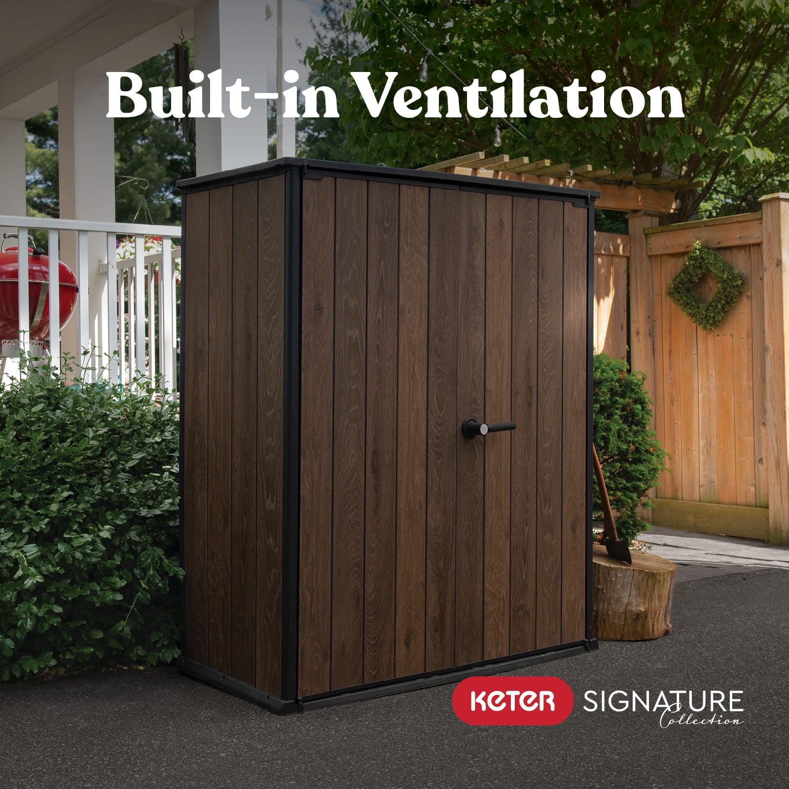 Keter Signature Vertical Durable Resin Outdoor Storage Shed With Heavy Duty Floor and Locking Latch Double Doors, Walnut
