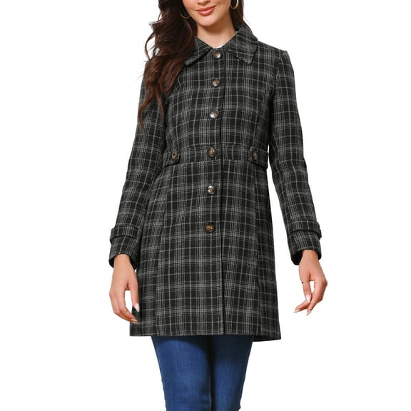 INSPIRE CHIC Single Breasted Pea Coat for Women's Plaid Winter Trench Outerwear XS Black