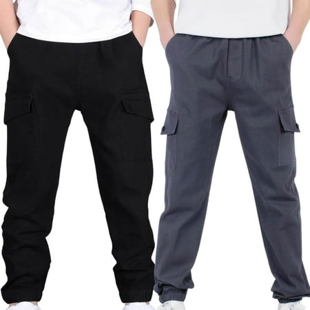 JTSRKL Pack of 2 Kids Boys Cargo Sweatpants Loose Fit Casual Elastic Waist Baggy Trousers Teens Stretch Cinch Bottom Wide Leg Hiking Active Workout Jogger Pants with Multi-Pockets #04 12-13 Years