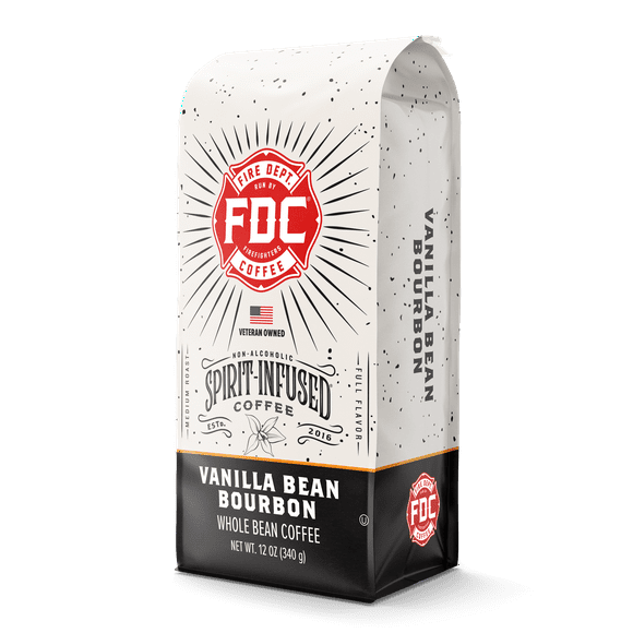 Vanilla Bean Bourbon Infused Coffee | Whole Bean Coffee, 12 Ounce Bag | Non-Alcoholic | Made by Fire Department Coffee