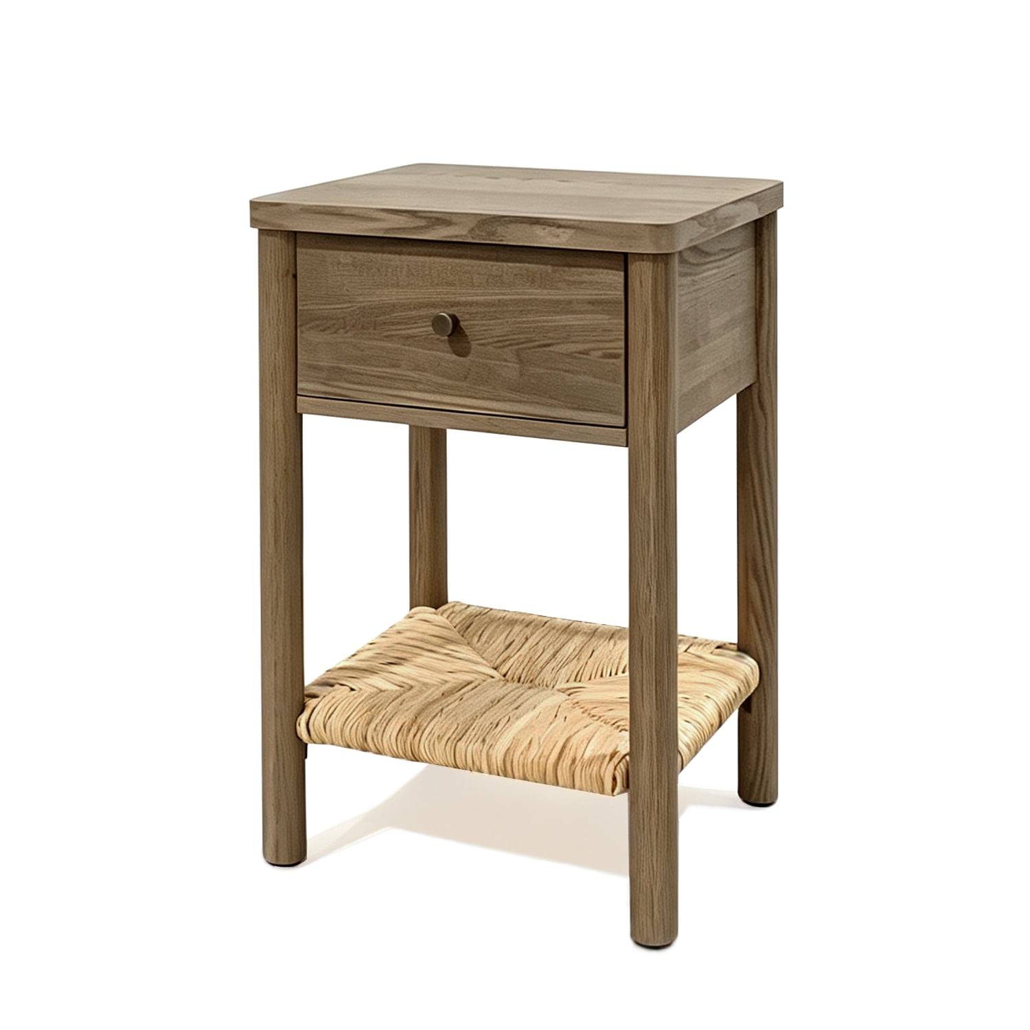 Nightstand Side Table 15.75 Inch, Solid Wood Round Legs with Woven Jute Storage Shelf and Drawer for Bedroom Living Room, Antique Grey
