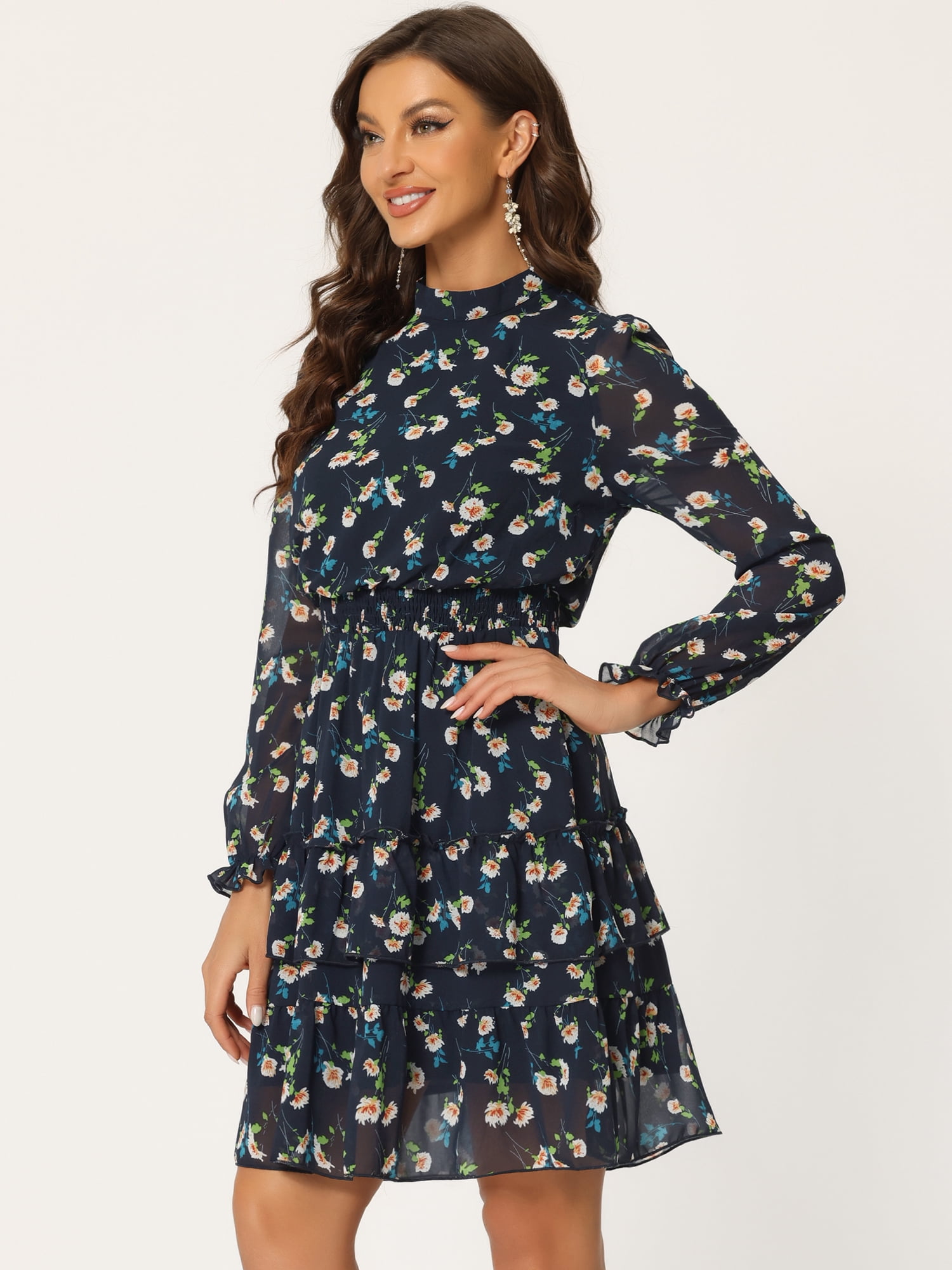 DARING DIVA Women's Sheer Sleeve Floral Chiffon Dress S Deep Blue