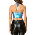thumbnail image 3 of MODA NOVA Junior's Shiny Metallic Crop Cami Hollow Out Backless Halter Top, 3 of 5