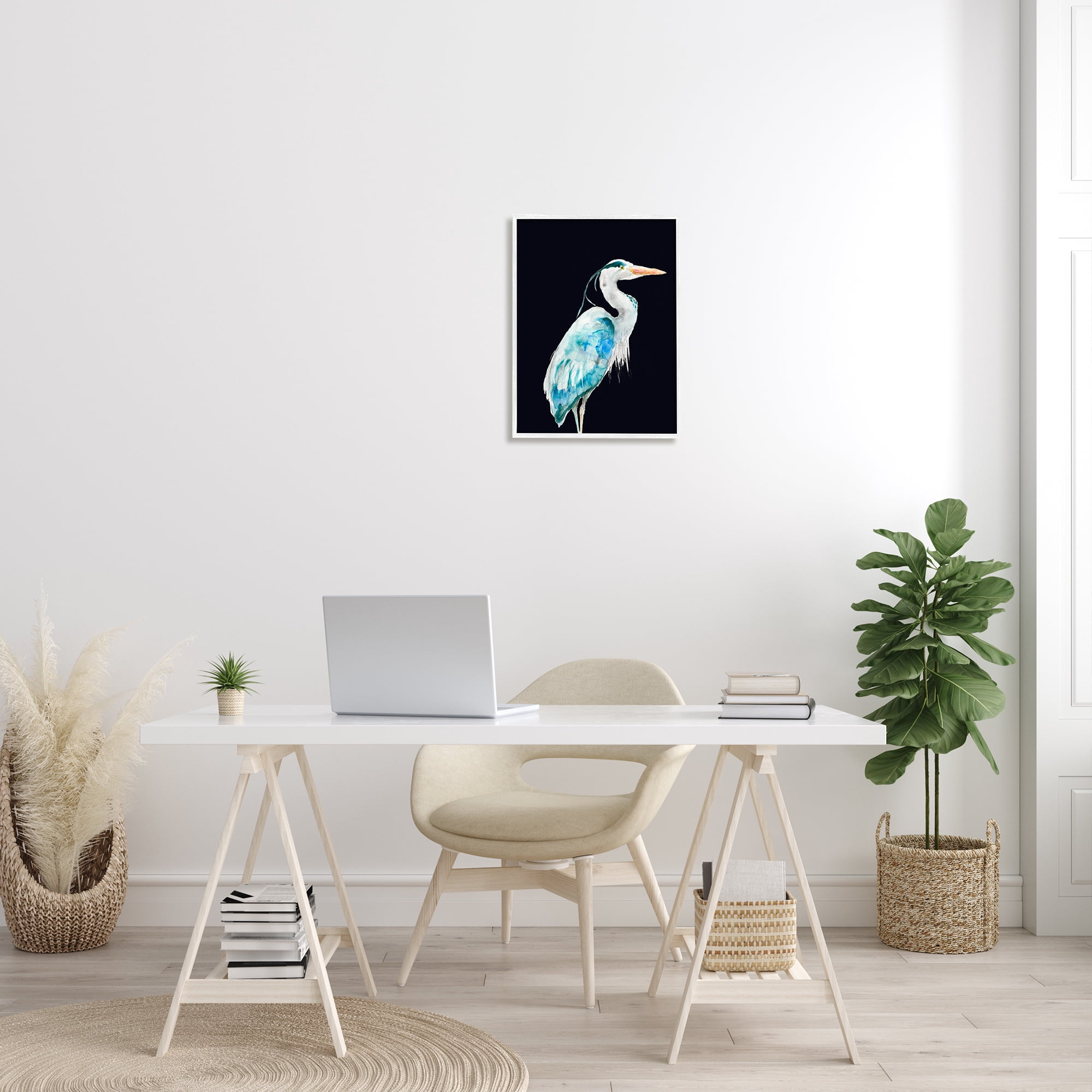 Stupell Industries Blue Heron Pattern Winged Bird over Black Modern Painting White Framed Art Print Wall Art, 16 x 20, Design by Patti Mann