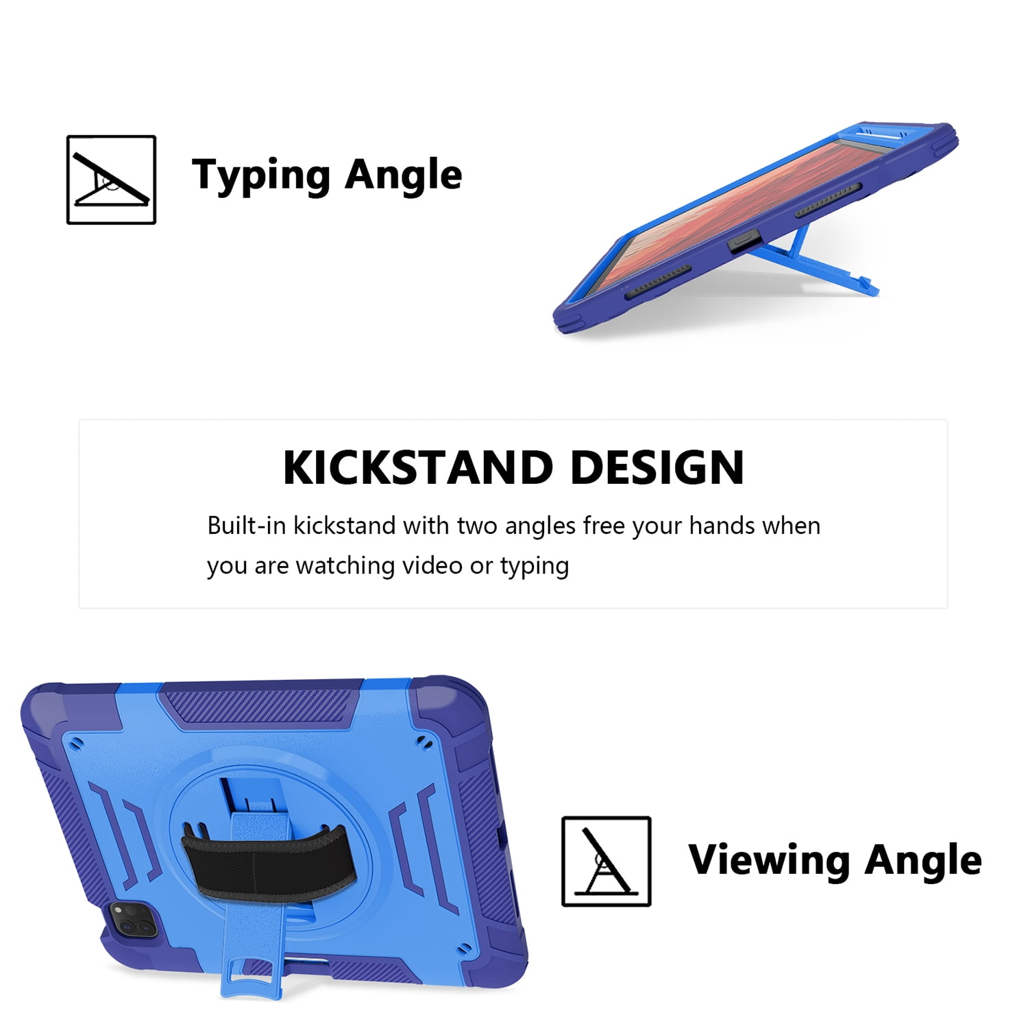 Shockproof Case for Apple iPad Pro 11 Inch 2022/2021/2020/2019/ iPad Air 5th 4th Gen, with Pencil Holder Military Grade Protection Rotating Stand Hand Strap Shoulder Strap Bumper Rugged Case, Blue