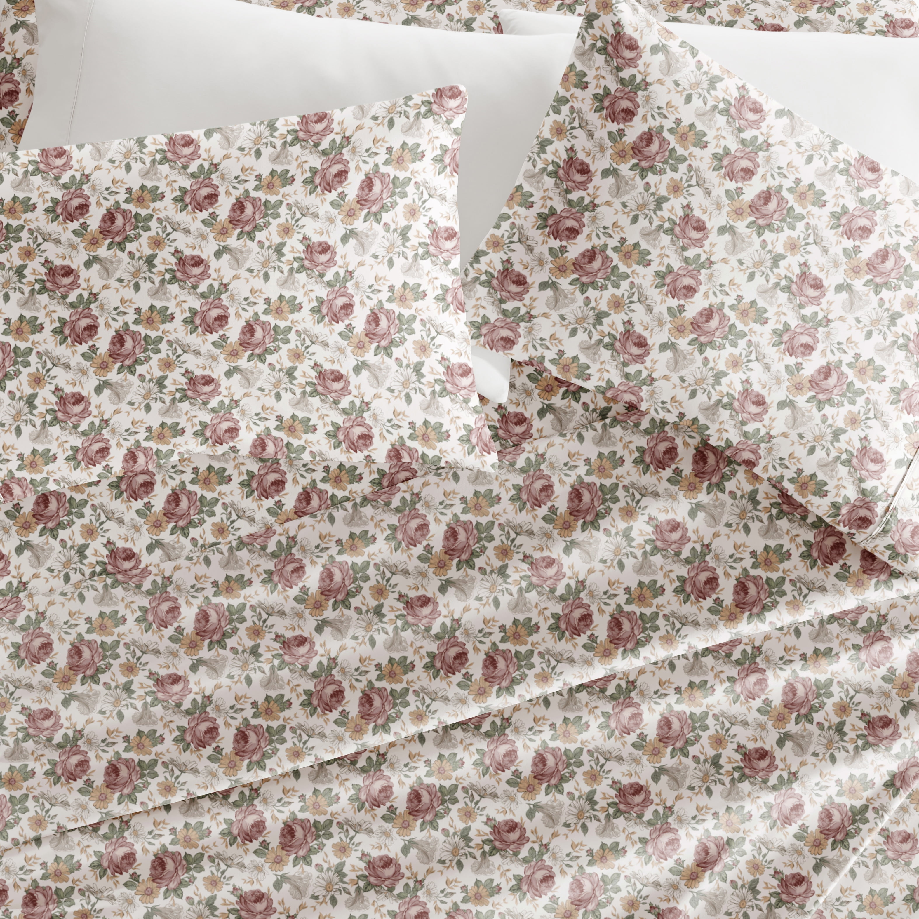 Noble Linens 4 Piece Pattern Microfiber Bed Sheets Set, Blooming Floral Rose, Queen