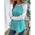 thumbnail image 4 of Hauts à Manches Longues en Tricot Gaufré pour Femmes, Col Rond, Décontracté, Bleu Ciel P, 4 of 9