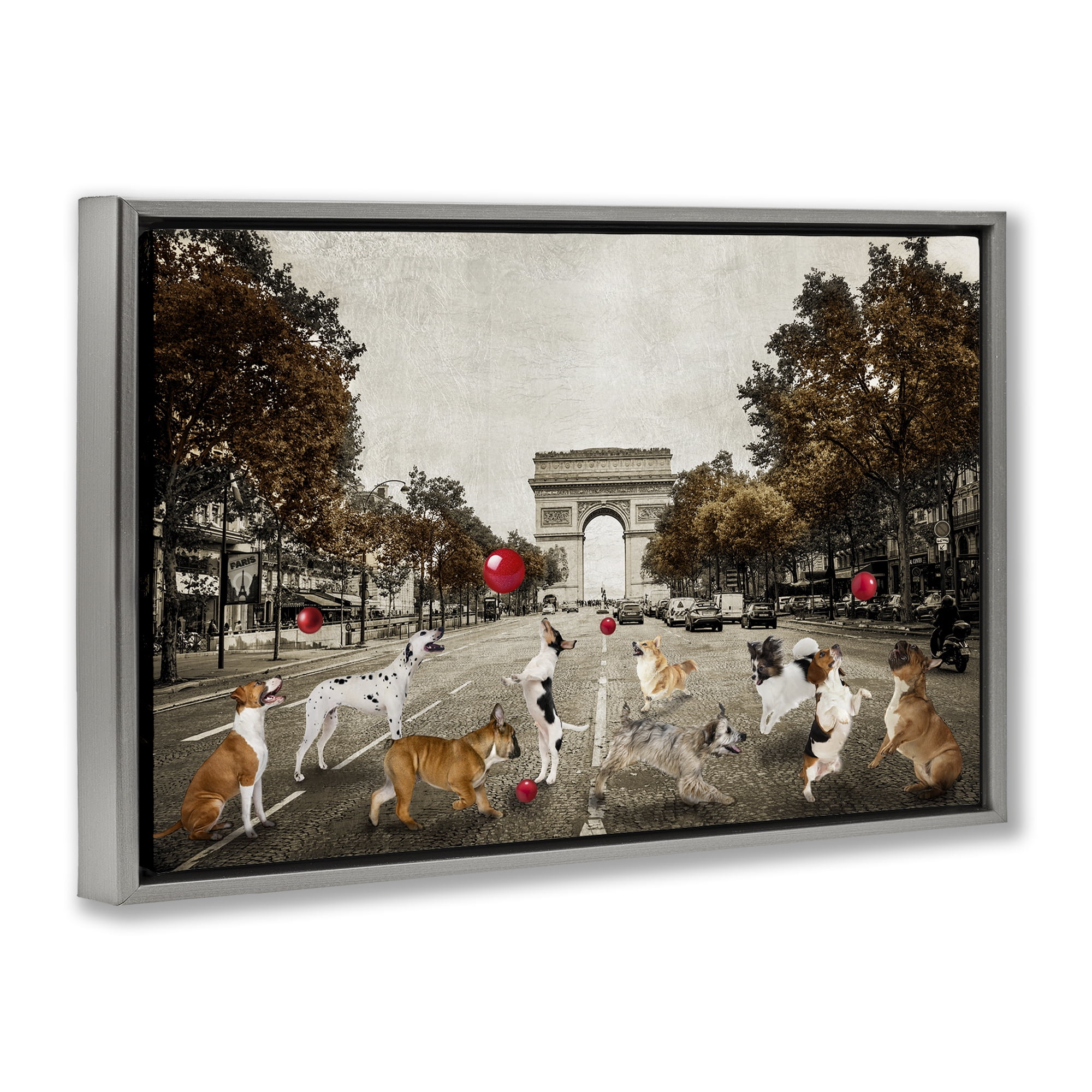 Stupell Industries Dogs Playing Among Architecture Animals & Insects Painting Gray Floater Framed Canvas Art Print Wall Art, 31 x 21