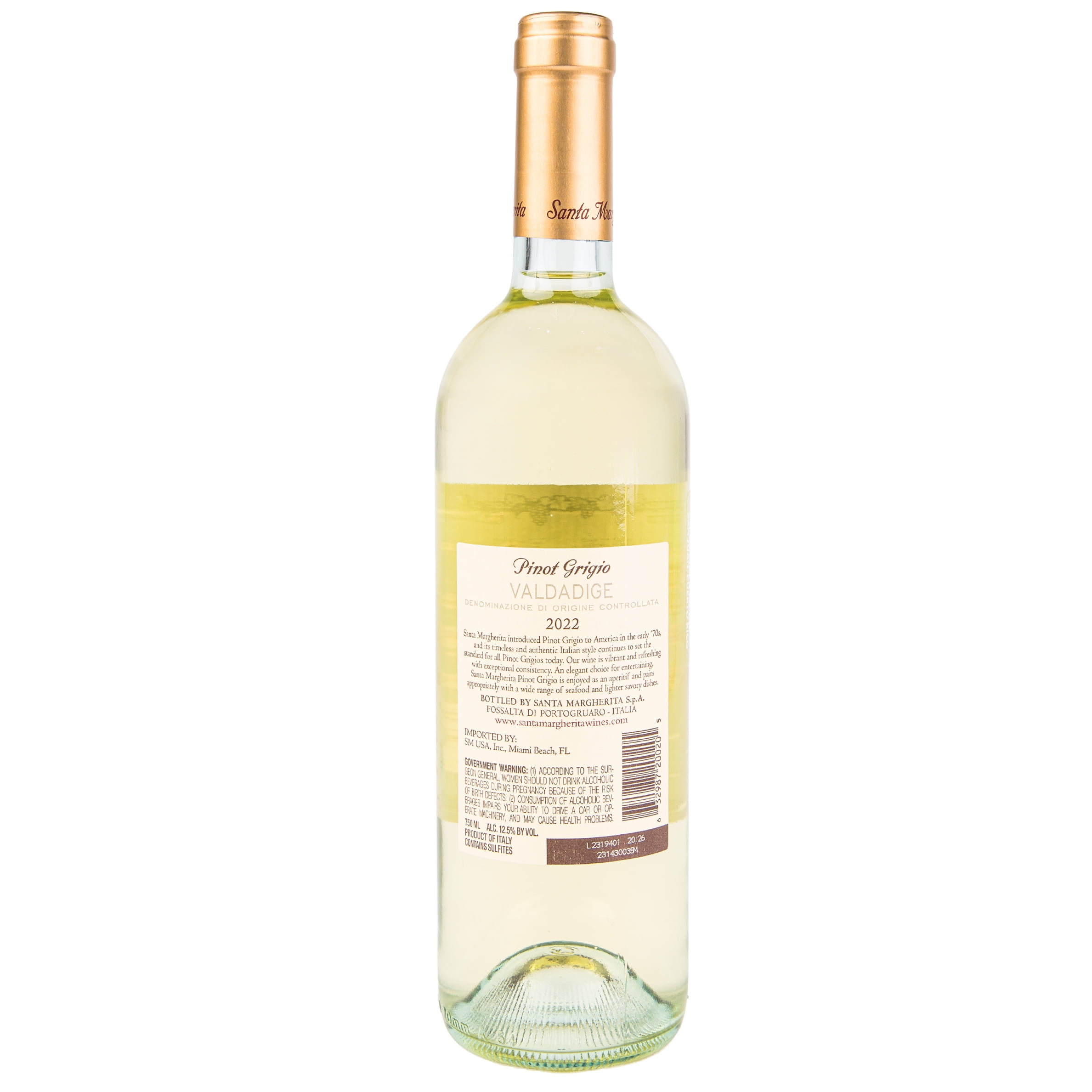 Santa Margherita Pinot Grigio White Wine, Italy, 12.5% ABV, 750 ml Glass Bottle, 5-150ml Servings.