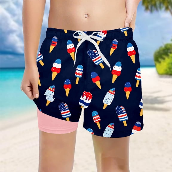 America 250 Merchandise Boys American Flag Print Swim Trunks with Liner Summer Casual Beach Patriotic Quick Dry Swimwear Size 5-6Y