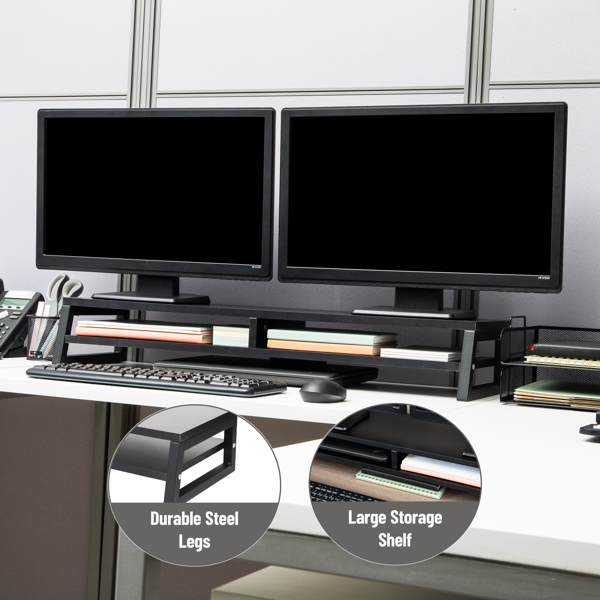 Mind Reader 2-Tier MDF Double Monitor Stand, Dual Screen Riser with Storage Shelf, Black