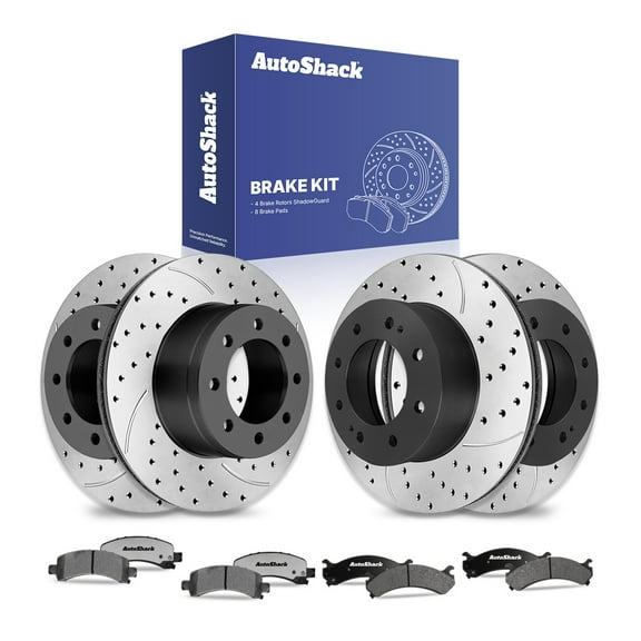 AutoShack Front Vented & Rear Vented Drilled & Slotted E-Coated Brake Rotors   Ceramic Pads 12-PC Brake Kit Replacement for 2004-2017 Chevrolet Express 3500 2004-2017 GMC Savana 3500 ShadowGuard