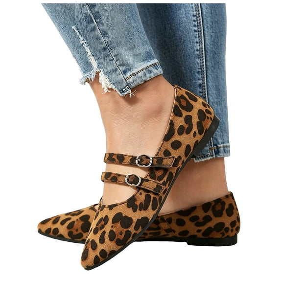 HEWUQI Women's leopard Print Ballet Flats Elegant Point Toe Slip on Low Heels Adjustable Strap Comfortable Soft Work Dress Shoes Brown Size 6