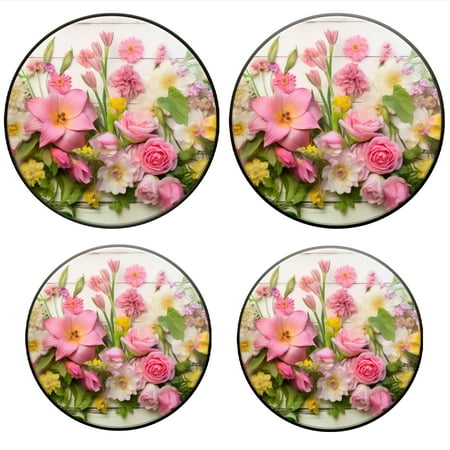 

BaHomeck Electric Stove Burner Covers Set of 4 Round Metal Gas Stove Burner Covers 8 Inch and 10 Inch Kitchen Decor Colorful Spring Flowers In Pink And Yellow On Wooden Background
