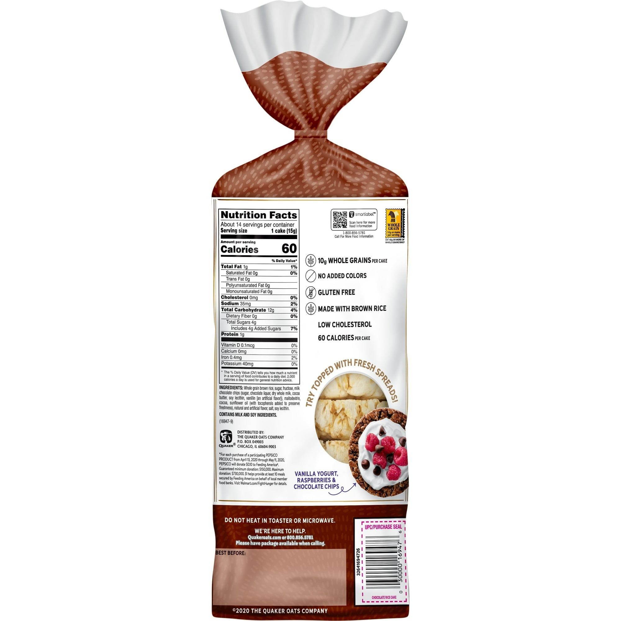 (3 pack) Quaker Rice Cakes, Whole Grain Chocolate, Gluten Free, 7.23 oz