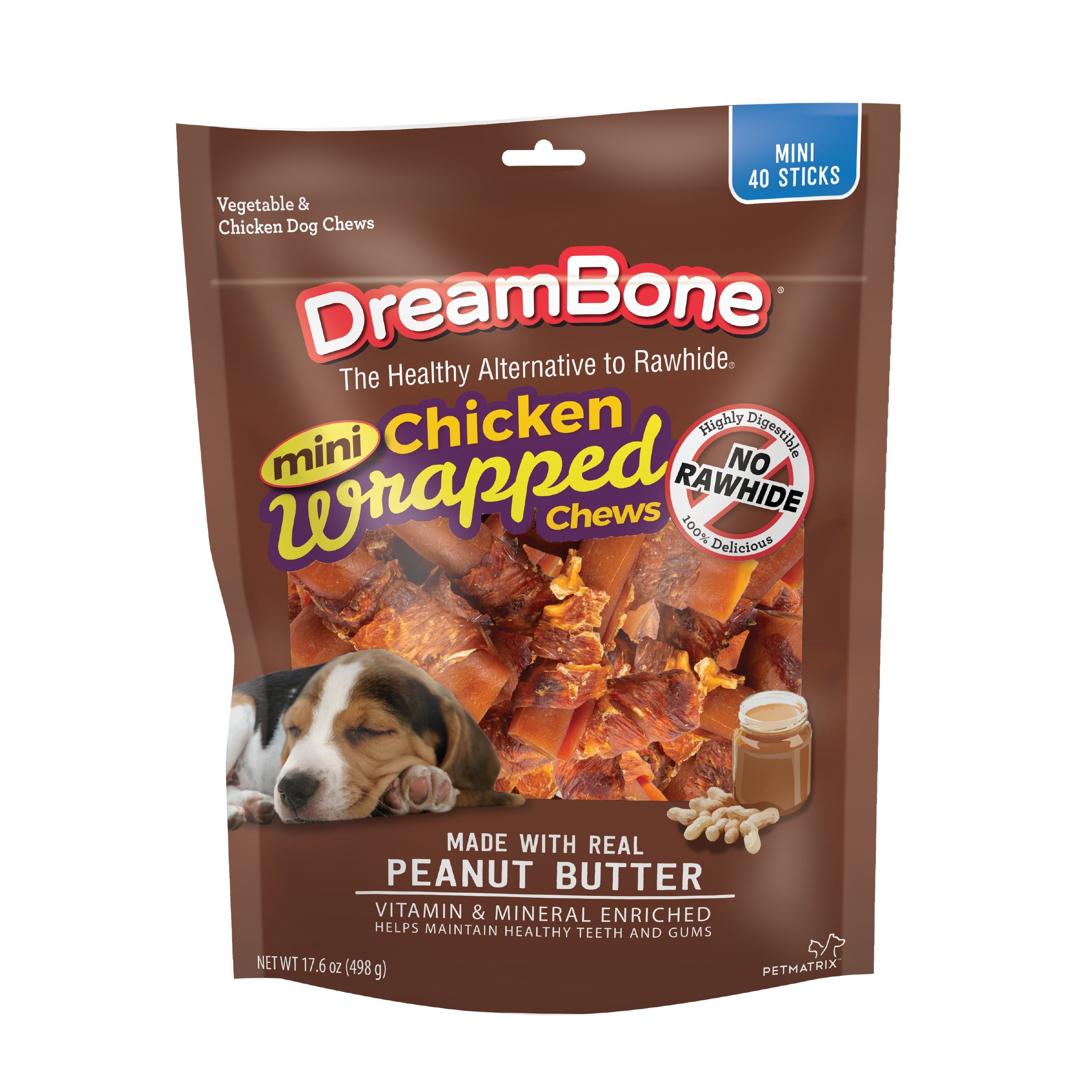 DreamBone Mini Chicken Wrapped Chews with Peanut Butter Rawhide-Free Dog Chews, 17.6 Oz. (40 Sticks)