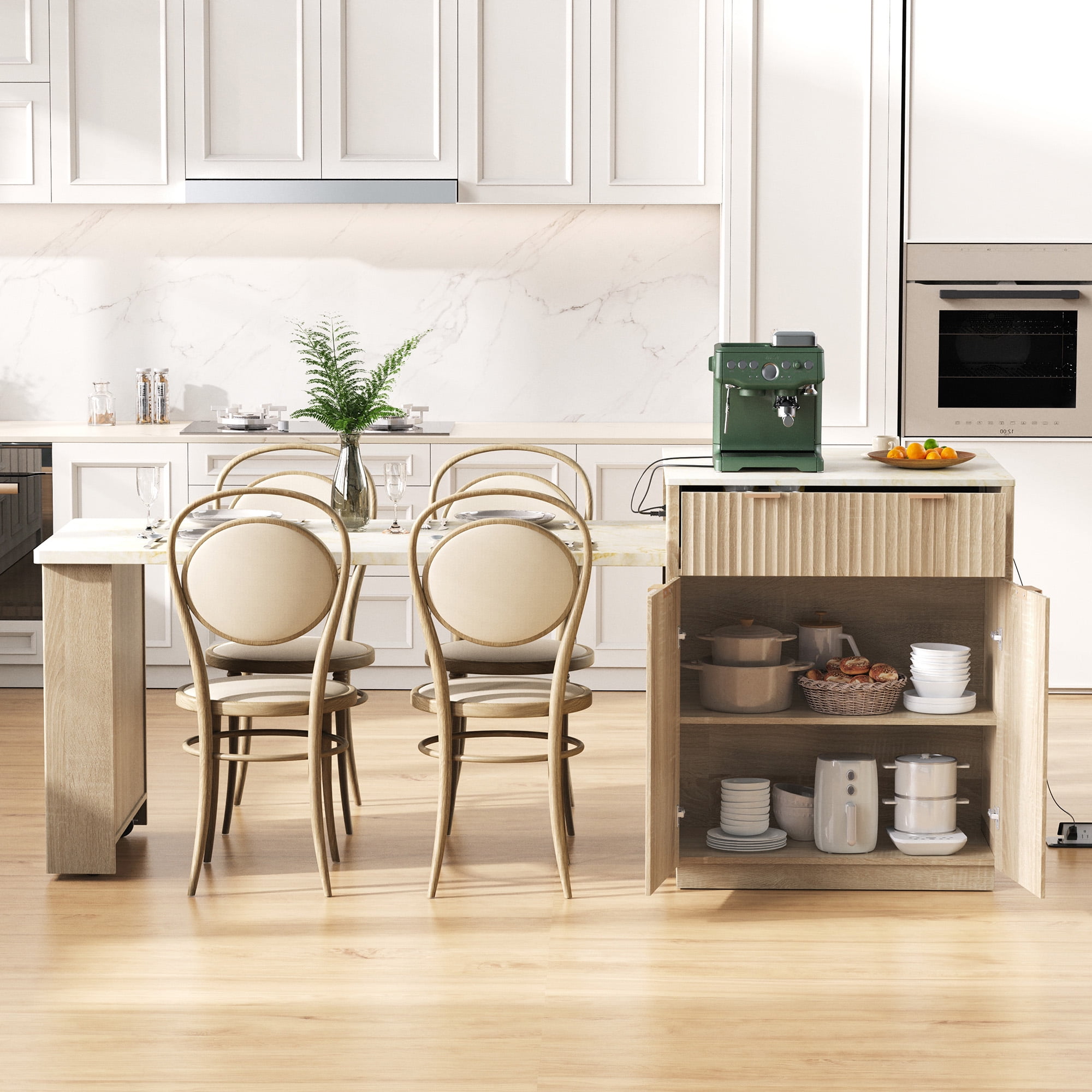 82.6" Fluted Kitchen Storage Island with Extendable Dining Table for 4-6 - Kitchen Table with Power Outlet, Double-Side Storage, 2 Drawers & 2 Side Open Shelves