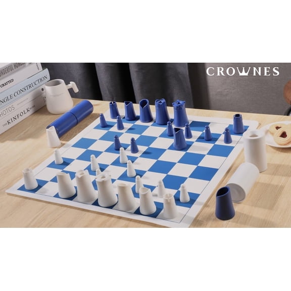 CROWNES Compact Portable Nesting Chess Game with Magnetic Bases, Easy Set up & Put Away, Modern Collection Set Boardgame for Home & Travel, Silicone Board Leather Carry Case (Plastic)