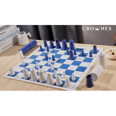 CROWNES Compact Portable Nesting Chess Game with Magnetic Bases Easy Set up & Put Away Modern Collection Set Boardgame for Home & Travel Silicone Board Leather Carry Case (Plastic)