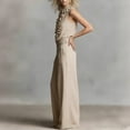 thumbnail image 3 of 2 Piece Linen Outfits for Women Sleeveless Ruffle V Neck Top & Wide Leg Pants Dressy Casual Vacation Sets (XL, Khaki), 3 of 7