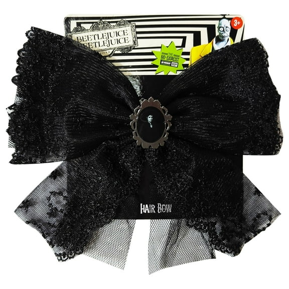 LUV HER Beetlejuice themed Long Tail Hair Bow for Girls with Alligator Clip with Charm - Gothic Hair Accessory, Ages 3 