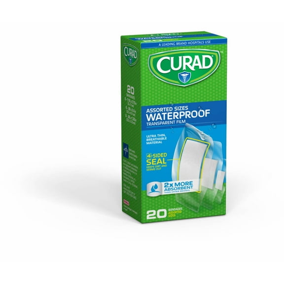 Curad, MIICUR5108, Assorted Waterproof Transparent Bandages, 20 / Box, Transparent