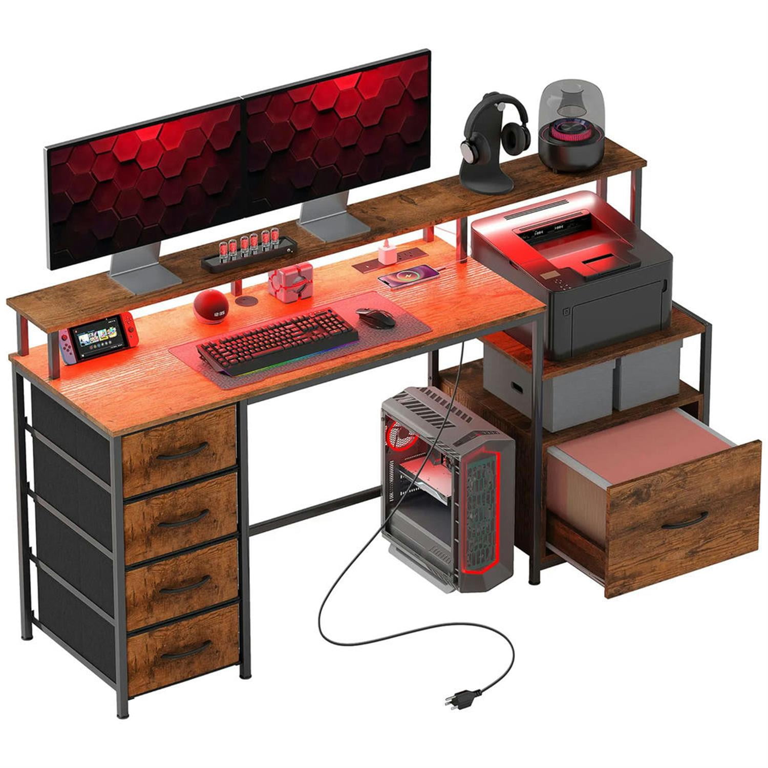 Demi Bonn 67" Office Desk with LED Lights and Power Outlets, Home Computer Desk for Living Room, Office, Study Table PC Desks, Brown